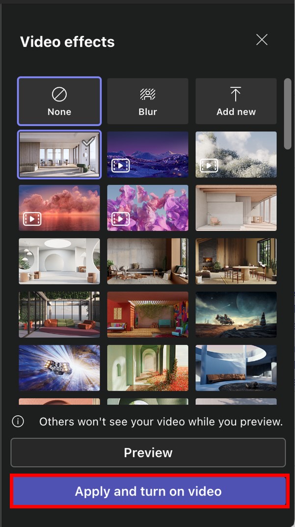 Screenshot of selecting a virtual background in Microsoft Teams